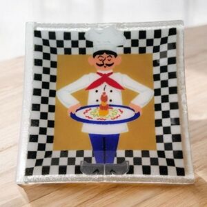 Peggy Karr VTG Fused Art Glass Bistro Chef Square Plate 10" Signed